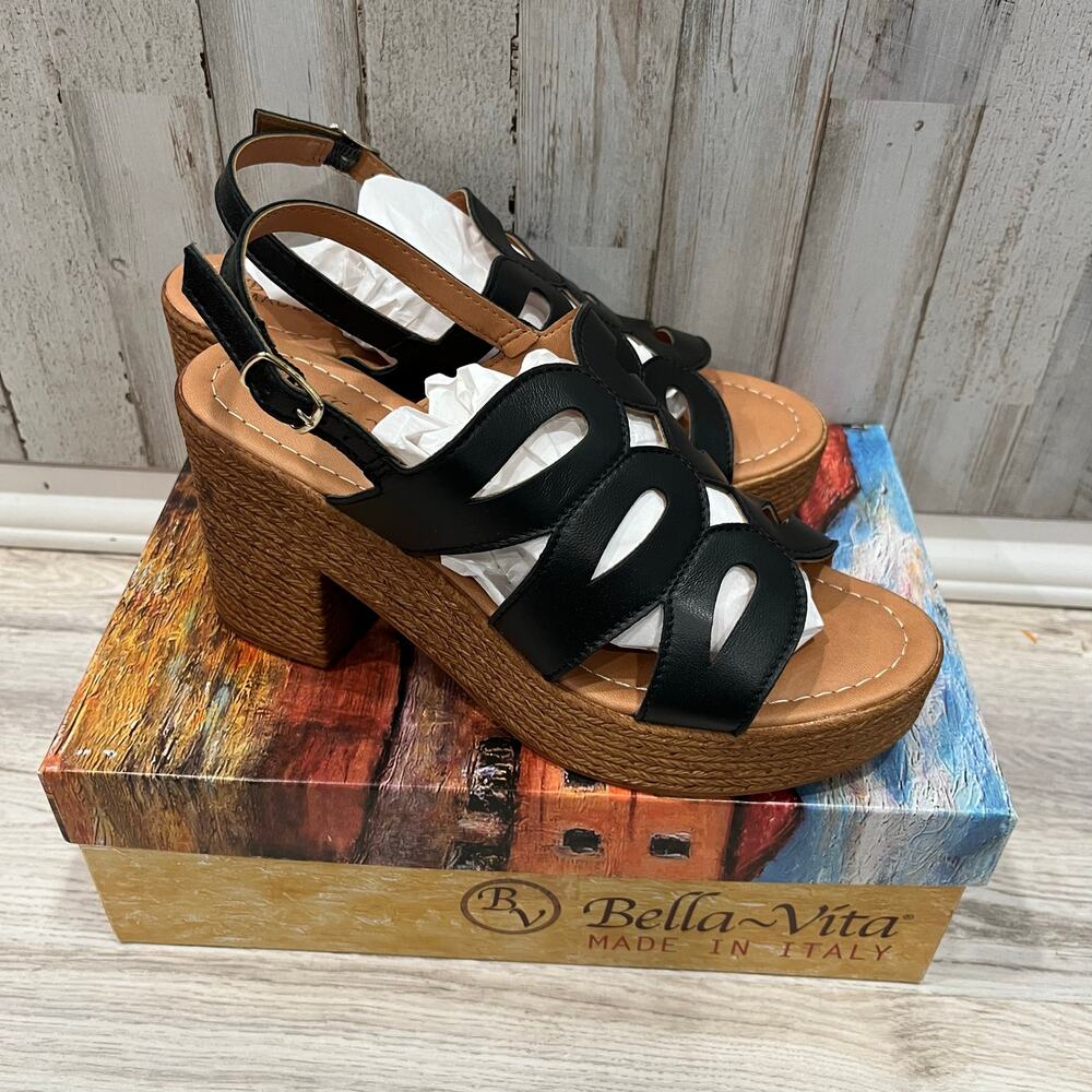New! Bella‎ Vita Pri-Italy Women's Platform Chunky Sandal Black Leather Size 8N